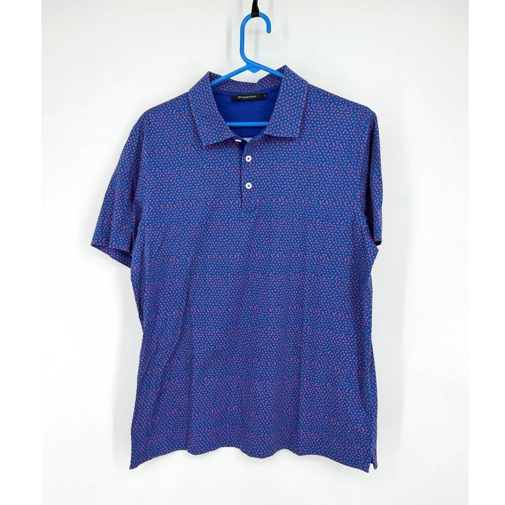 Bugatchi Mens Mercerized Cotton Micro Dot Golf Polo Shirt Blue Red LF2206 L
